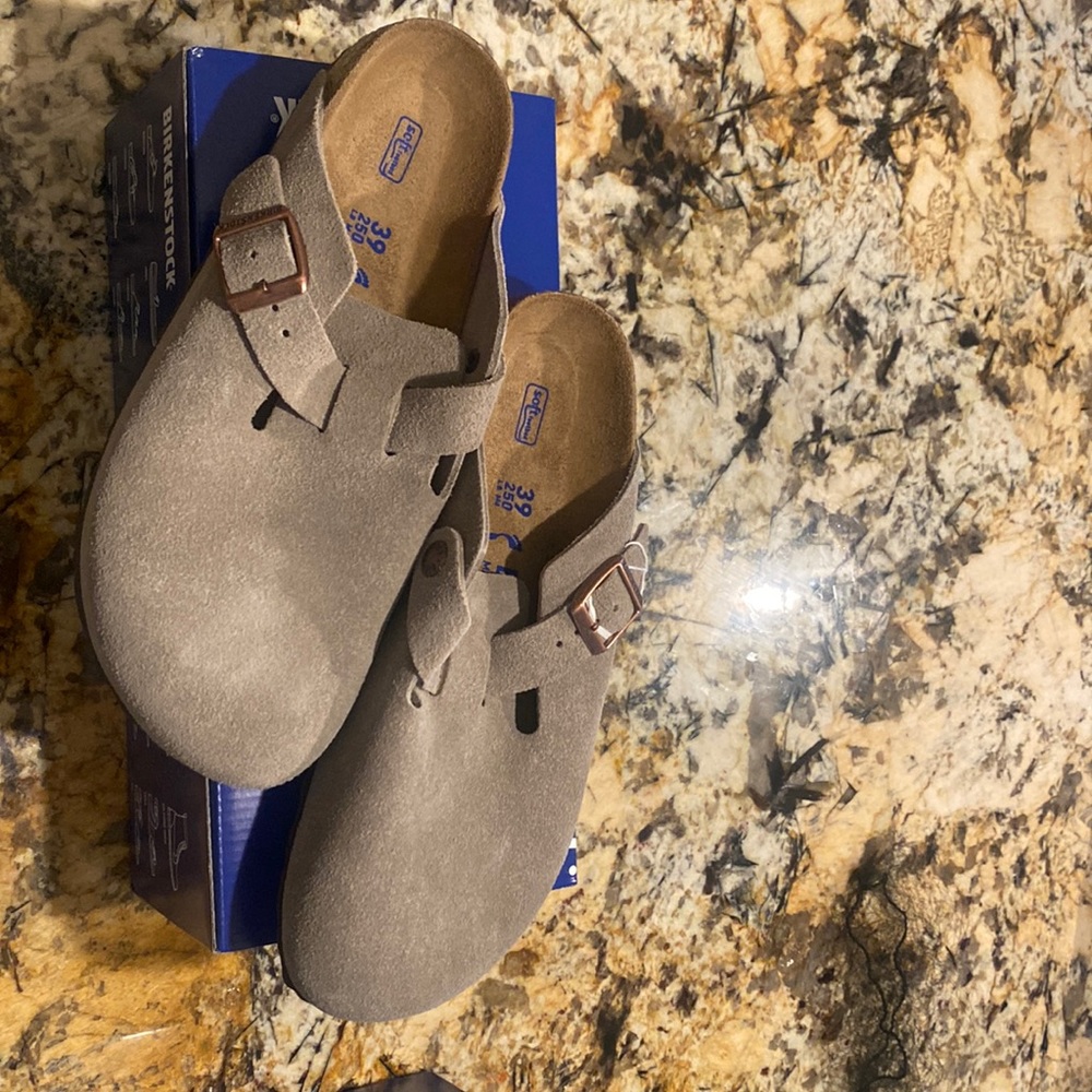 Boston Birkenstocks, Taupe, Size 39, Narrow Fit